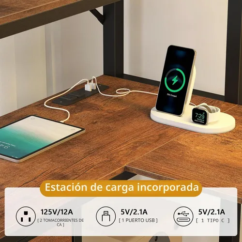 Vista 6 de Cama elevada de tamaño individual con almacenamiento y cabecero tapizado, estructura de cama elevada de metal con escritorio en forma de U y luces