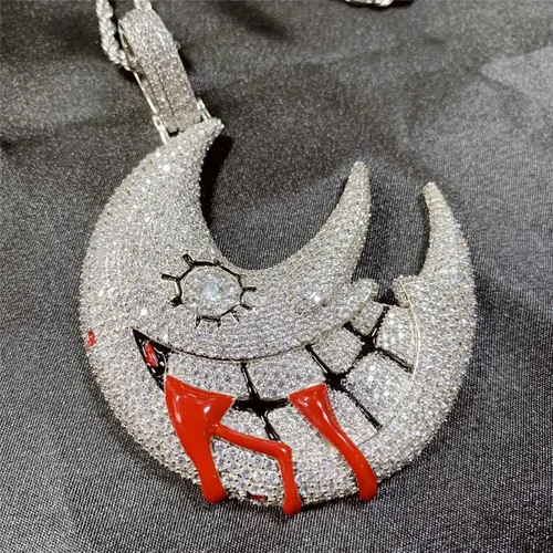 Vista 8 de ICEDIAMOND Shiny CZ Simulated Diamond Grinning Crescent Moon Necklace, Iced Out Zircon Gothic New Moon Pendant, Gold Plated Hip Hop Charm Jewelry