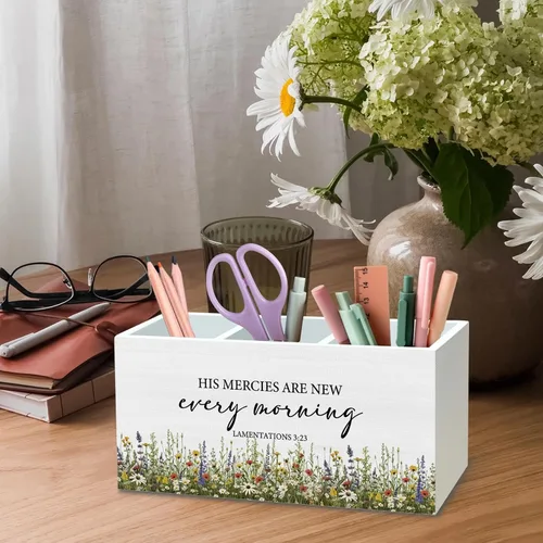 Vista 4 de DILSJ Organizador de lápices de flores silvestres cristianas para escritorio, regalos cristianos para mujeres, sus misericordias son nuevas cada