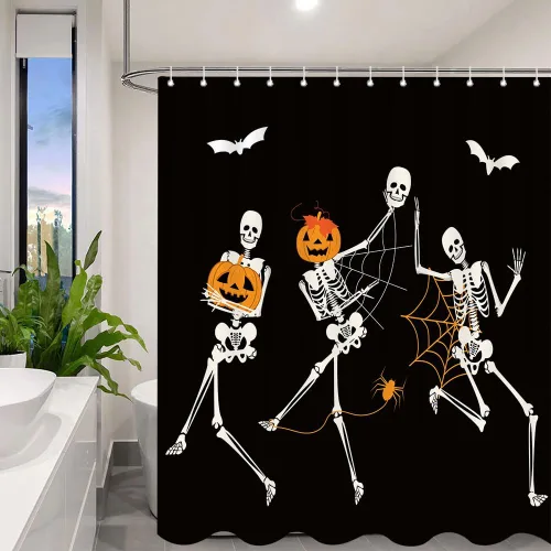 Vista 3 de Divertida cortina de ducha de esqueleto de calavera de Halloween, calabaza, murciélago, araña, decoración de baño, juego de cortinas de tela negra