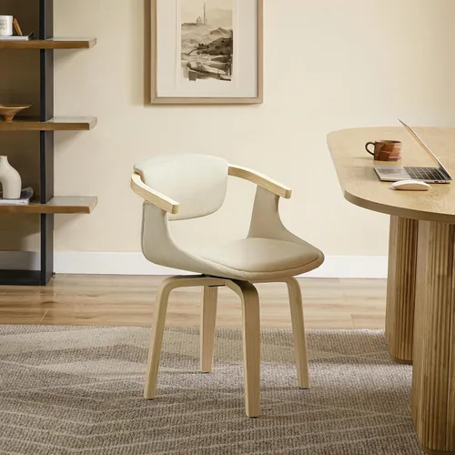 Vista 17 de Zouron Silla de escritorio sin ruedas, moderna silla de oficina de madera, silla de cuero sintético con brazo para sala de estar, dormitorio