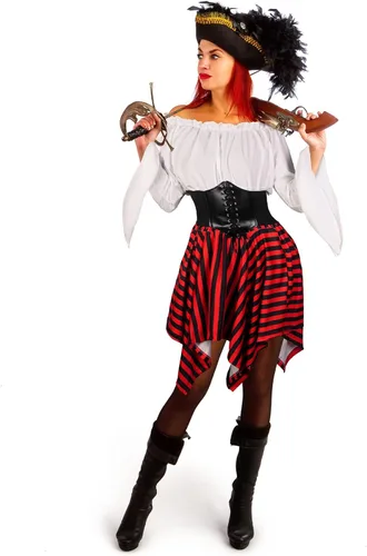 Vista 4 de Shihanee Disfraz de pirata para mujer, blusa renacentista, blusa con corsé, falda pirata, accesorios medievales para disfraz de Halloween
