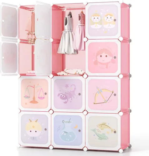 Vista 15 de HONEY JOY Armario para niños, organizador de almacenamiento de ropa de dibujos animados para bebés, 8 cubos y 2 secciones para colgar, armario Azul
