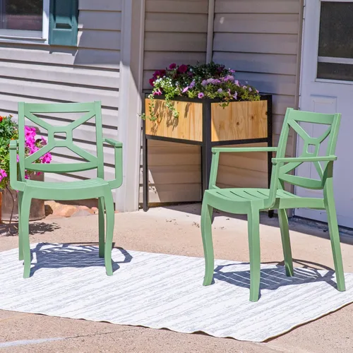 Vista 5 de Sunnydaze Tristana - Silla de plástico para patio al aire libre, juego de 2, asientos apilables, color verde