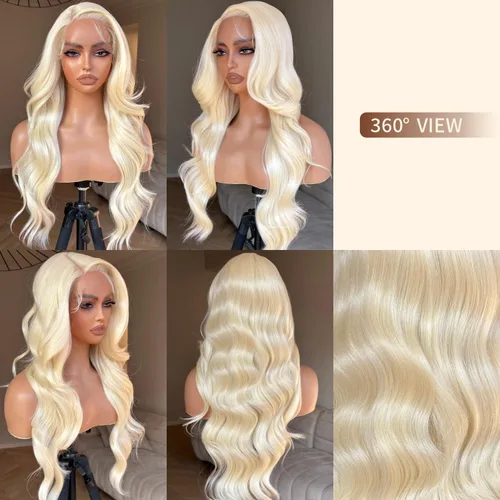 Vista 4 de BrownBomb Peluca Rubia de Encaje Frontal de Cabello Real Brillo Pre Tonificada Peluca Rubia, Peluca de Encaje Frontal 613 Pre Desplumada, Sin
