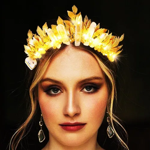Vista 7 de Yean Diadema con luces LED doradas, corona y hojas de hadas, para mujer