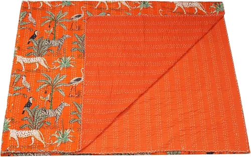 Vista 14 de Marubhumi Edredón tradicional indio de algodón puro con estampado de selva Kantha, funda de cama, colcha Kantha con estampado de animales, Negro