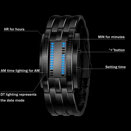 Vista 7 de Reloj rectangular de acero inoxidable para hombre, reloj LED azul, reloj clásico creativo de moda negro galvanizado, plateado, Moda casual