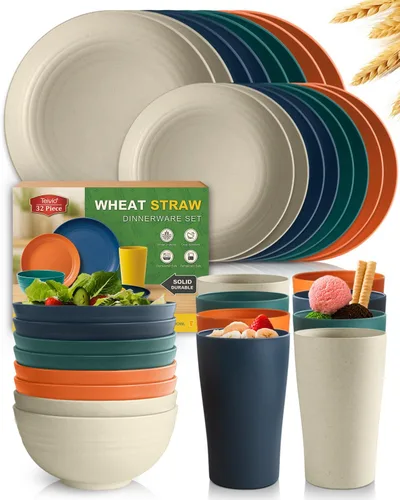 Vista 12 de Teivio Juego de vajilla de plástico de paja de trigo de 32 piezas para cocina, servicio para 8, platos, cuencos y tazas irrompibles, vajilla