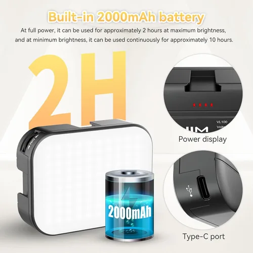 Vista 3 de VIJIM VL100C Luz de Video LED Bicolor para Cámara, Mini Luces LED de Cámara Recargables de 2000mAh, CRI95+ Regulable 2500-6500K Iluminación Ultra