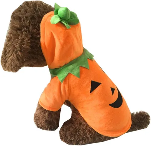 Vista 6 de Disfraz de calabaza de Halloween para perro, gato, trajes de cosplay para mascotas, ropa de forro polar con capucha, suéter, abrigo, disfraces