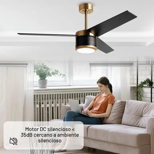 Vista 4 de reiga Ventilador de techo moderno de 52 pulgadas con luz, 3 aspas, motor CC negro y dorado, ventiladores de techo de madera, compatible con control