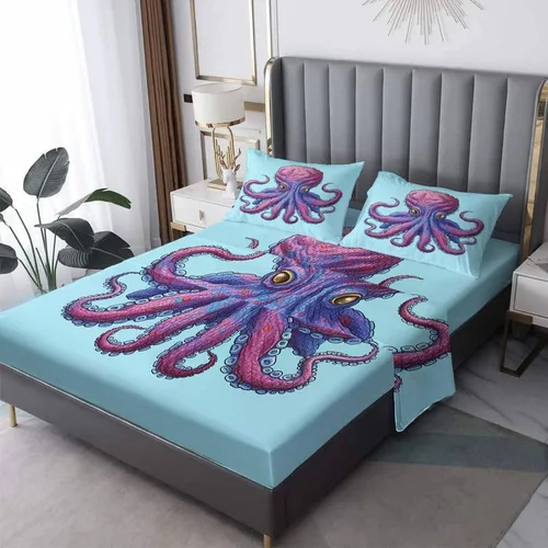 Vista 11 de Juego de sábanas de pulpo tamaño individual, sábanas de microfibra suave y bolsillo profundo, sábanas y fundas de almohada estampadas sin arrugas, 3