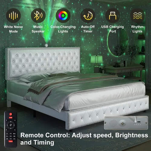 Vista 5 de Base de cama de plataforma tapizada tamaño Queen con cabecera LED, proyector de estrellas integrado y cabecera ajustable, no necesita somier, fácil