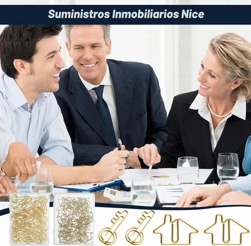 Vista 7 de Gueevin Paquete de 100 clips de papel en forma de casa y llave con 2 cajas Dorado
