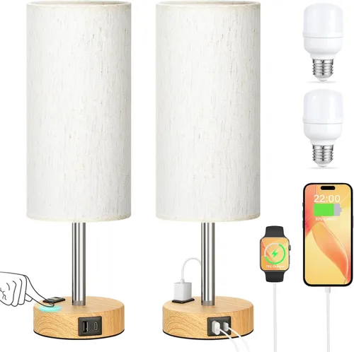 Vista 17 de Juego de 2 lámparas de mesa táctiles para dormitorio en blanco, lámparas de noche regulables de 3 niveles con puertos USB C y A, lámparas de mesita