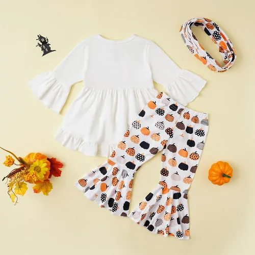 Vista 2 de Noubeau Trajes de Halloween para bebés y niñas pequeñas, con estampado de letras, manga acampanada, camisa de vestir linda calabaza con pantalones