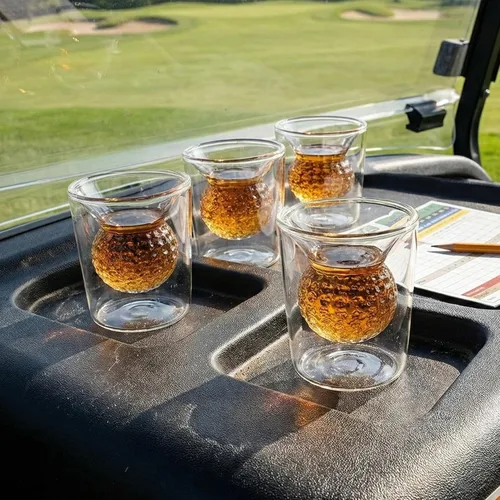 Vista 7 de Juego de vasos de chupito Quantum Lux con forma de bola de golf - 2 oz de vidrio borosilicato de doble pared, diseño de bola de golf hecho a mano