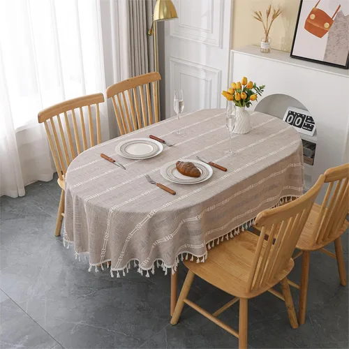 Vista 7 de Gernaice Mantel bordado de rayas rústicas con borlas cuadradas y pequeñas de algodón y lino, sin arrugas, lavable, para mesita de noche, café, Marrón