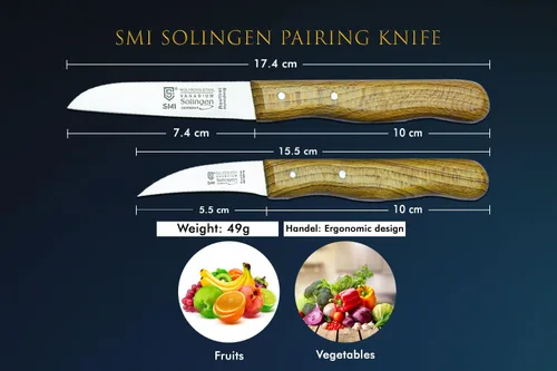 Vista 2 de SMI Solingen - Cuchillo de pico de pájaro Alemania, juego de cuchillos de pelar con mango de madera para frutas y verduras, cuchillo recto y curvado