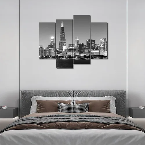 Vista 6 de 4 unidades de pintura de tela moderna arte de pared la imagen para la decoración del hogar, vista panorámica del horizonte de Chicago de noche