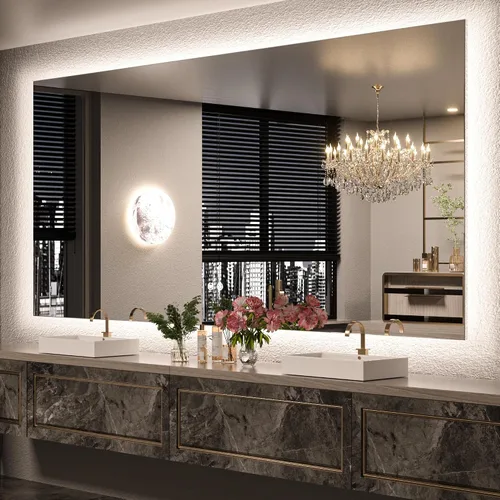 Vista 26 de Keonjinn - Espejo de 48x30 pulg retroiluminado LED para baño/tocador, luz de 3 colores ajustables blanca/cálida/natural, lúmenes altos, montaje