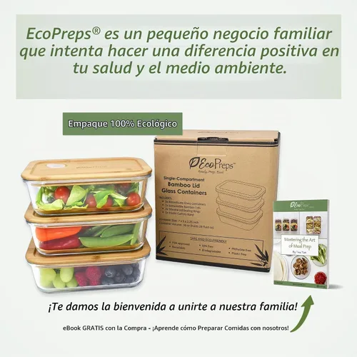 Vista 7 de EcoPreps Recipientes de vidrio para preparar comida con tapas de bambú (paquete de 3) - 100% libres de plástico, contenedores de almuerzo