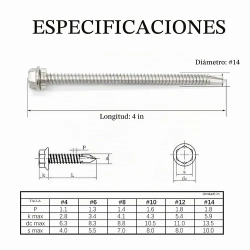 Vista 2 de Tornillos autoperforantes de cabeza hexagonal de arandela #14 x4 (1" a 4-7/8" disponibles), acero inoxidable 410, tornillos Tek de chapa