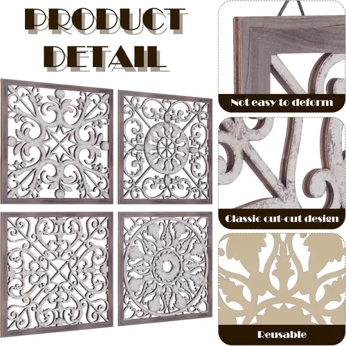 Vista 2 de Tatuo 4 piezas de decoración de pared de madera, paneles de madera decorativos de granja, decoración de pared moderna para sala de estar, hogar
