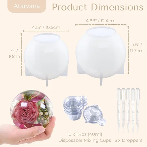 Vista 3 de Atarvana 2 moldes de resina de esfera grande, moldes de silicona con forma de bola de 4.7 y 4 pulgadas con 5 cuentagotas y 10 vasos desechables