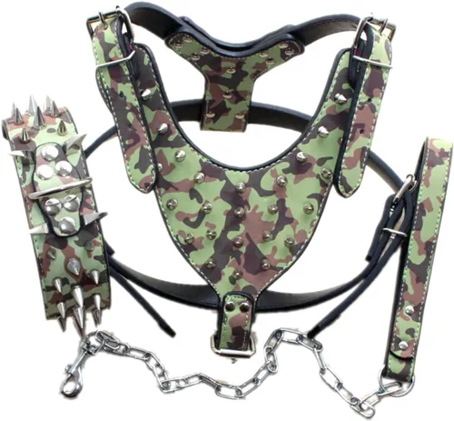 Vista 11 de Arnés para perro con tachuelas de cuero de raza, collar y correas, juego de 3 piezas para perros medianos y grandes, mastín, boxer, bull terrier