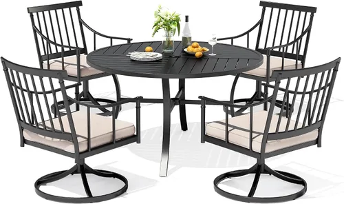 Vista 14 de PHI VILLA Juego de mesa de comedor para patio de 7 piezas con cojín para 6, mesa grande rectangular de metal para exteriores con orificio para Silla