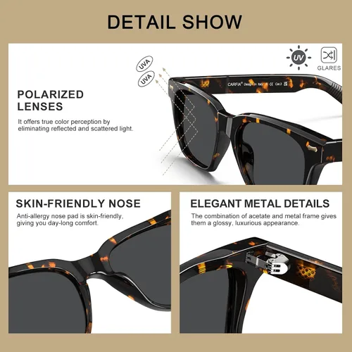 Vista 4 de CARFIA Thick Square Polarized Sunglasses Men, Retro 90s Style Vintage UV400 Protection Sun Glass