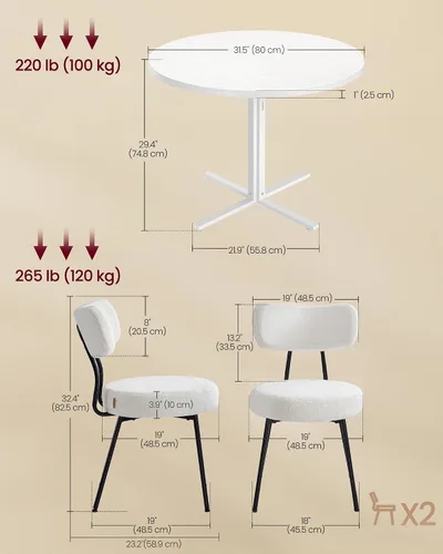 Vista 3 de VASAGLE Juego de mesa de comedor, mesa de comedor redonda con 2 sillas de cocina tapizadas, para espacios pequeños, cocina, sala de estar, marco