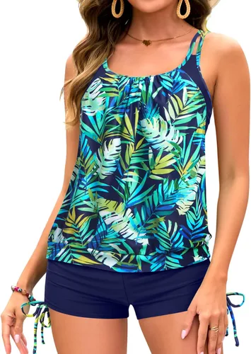 Vista 15 de Holipick Trajes de baño tankini de dos piezas con control abdominal, top de baño tipo blusa con shorts estilo boy shorts Verde Aqua