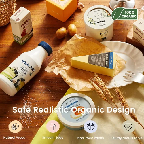 Vista 4 de Tiny Land Juego de lácteos y bebidas de madera, 7 piezas de juguete de comida de simulación con leche, jugo y queso, divertido accesorio de cocina