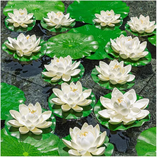 Vista 7 de 16 flores flotantes artificiales para piscina, 7 y 4 pulgadas, almohadillas de lirio de agua falsas, flores de loto, decoraciones flotantes