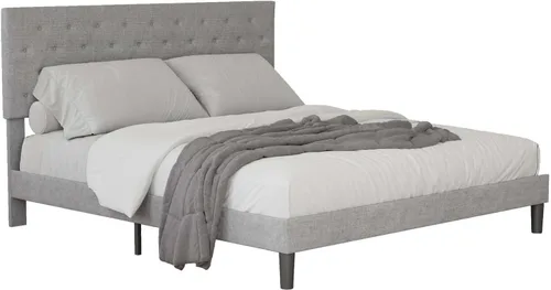 Vista 9 de Base de cama tapizada de tamaño matrimonial con cabecera de botón ajustable, base de colchón con soporte de listones de madera, no necesita somier