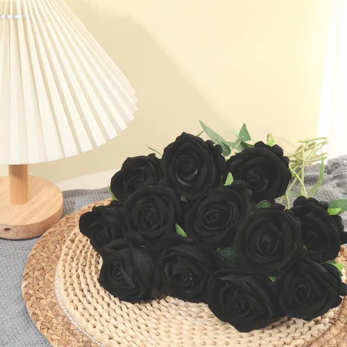 Vista 7 de 12 rosas artificiales de terciopelo sintético para decoración del hogar y boda (rosa perla, negro)