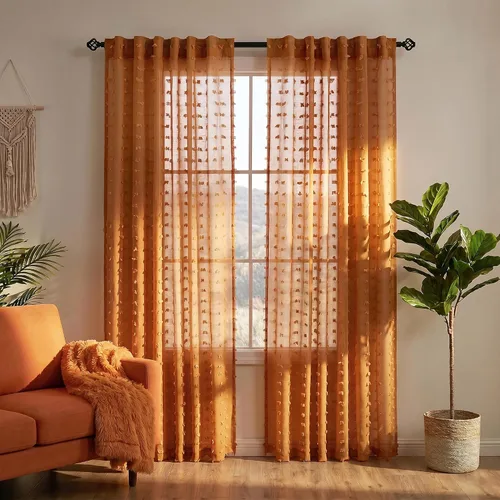 Vista 17 de Cortinas negras KOUFALL de 45 pulgadas de largo para ventana de cocina, cortinas transparentes con pompones y textura de encaje bohemio con bolsillo