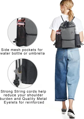 Vista 4 de BeeGreen Mochila con cordón y bolsillos con cremallera y botella de agua de malla para deportes de gimnasio, Gris, Mochilas Daypack