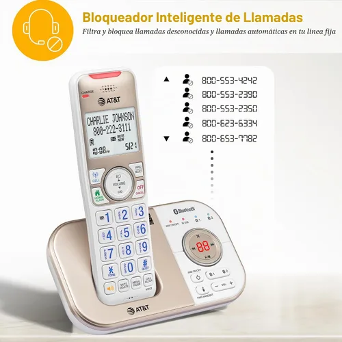 Vista 2 de AT&T 1-Handset DECT 6.0 - Teléfono inalámbrico expandible Bluetooth para el hogar con contestador, bloqueo inteligente de llamadas, identificador