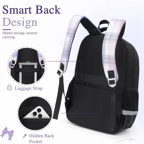 Vista 5 de Alrisg Mochila escolar para niñas, a cuadros, ligera, con lazo, color negro