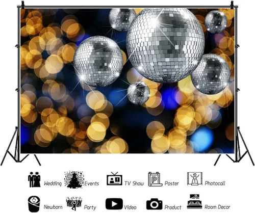Vista 2 de Renaiss Telón de fondo de fiesta de discotecas plateadas de 5 x 3 pies con diseño de bokeh dorado neón para discotecas de los años 70, 80 y 90