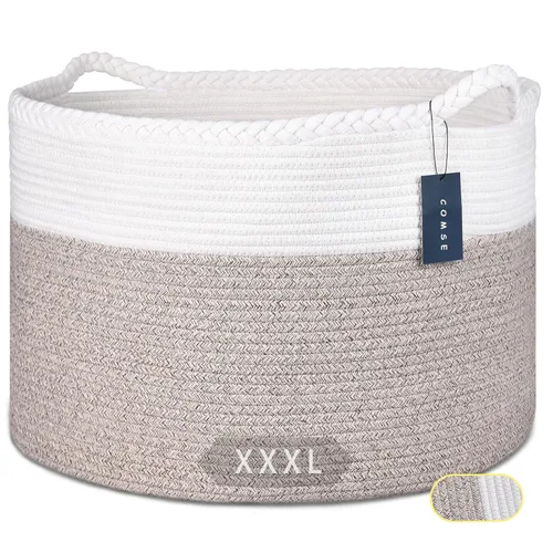 Vista 11 de COMSE Cesta de manta extra grande, cesta tejida para lavandería, 21.7 x 13.8 pulgadas, cesta de guardería, cesta de cuerda de algodón, cesta