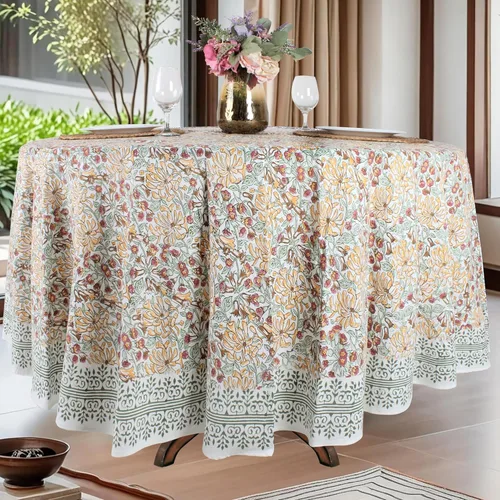 Vista 37 de Mantel redondo con estampado de bloque a mano, 100% algodón, reutilizable, color verde espárragos, 60 pulgadas, mantel decorativo para uso diario