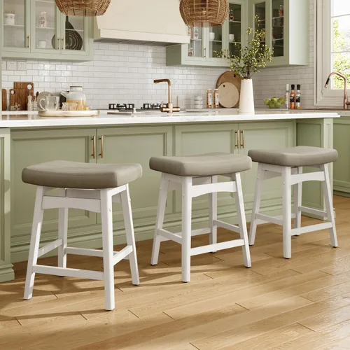 Vista 15 de MAISON ARTS Juego de 4 taburetes de bar grises para encimera de cocina, patas de madera maciza con asiento de silla de montar de piel sintética