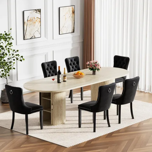 Vista 31 de Mesa de comedor redonda extensible de 94 pulgadas con base de almacenamiento, mesa de comedor expandible natural para 10, mesa de comedor de madera