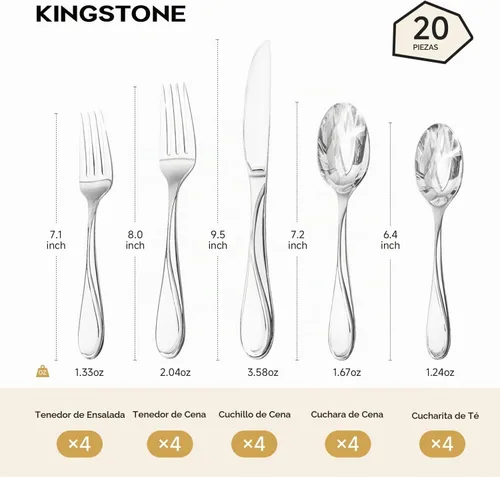 Vista 2 de KINGSTONE Juego de cubiertos de 20 piezas para 4, juego de cubiertos de acero inoxidable resistente, juego de cubiertos para el hogar, cocina