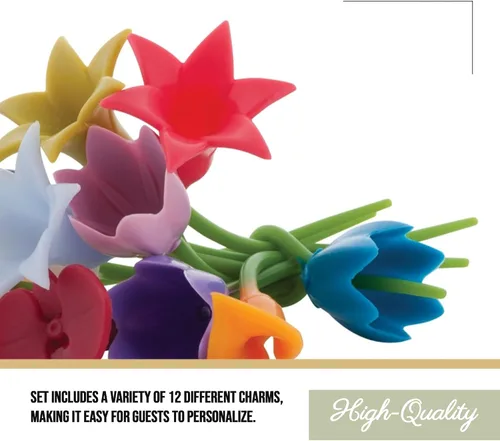 Vista 4 de Trudeau Duo Tone Floral Wine Charms, Multicolor, Set of 12